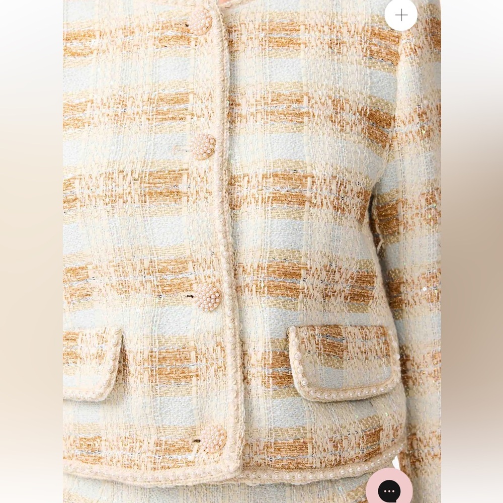 elliatt ashlyn white blue & gold long sleeve metallic tweed mini skirt set small - Picture 6 of 14